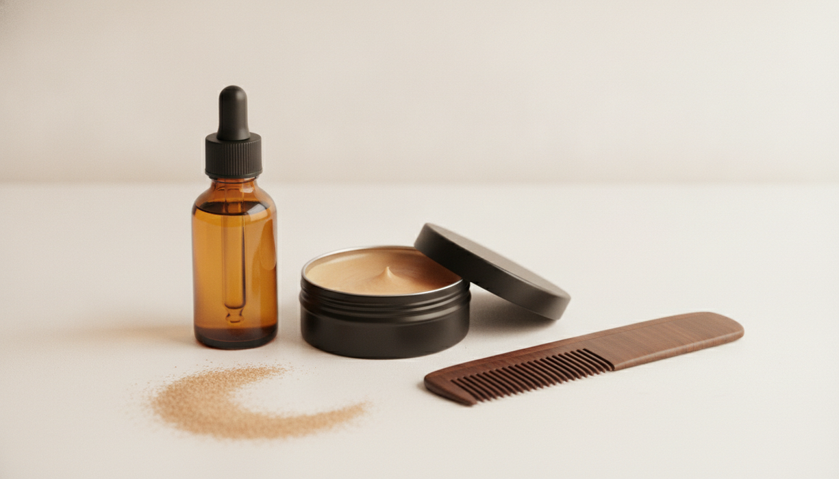 Baardolie in amber druppelflesje naast open blikje baardbalm met houten baardkam op lichte ondergrond