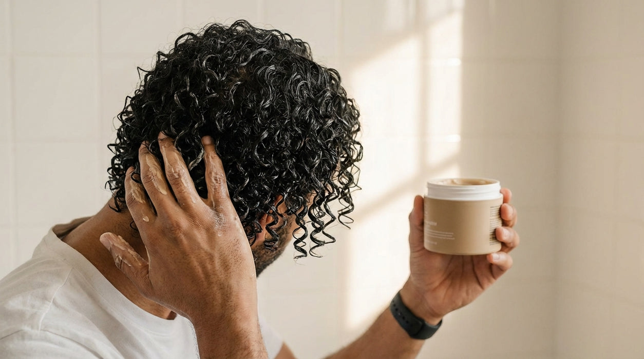 Man stylt krullend haar met product