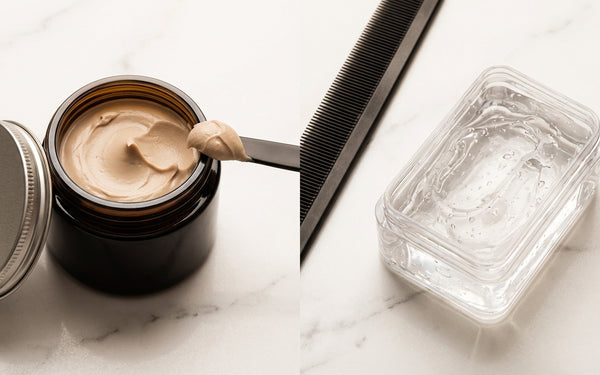 Pomade en gel naast elkaar op marmeren ondergrond