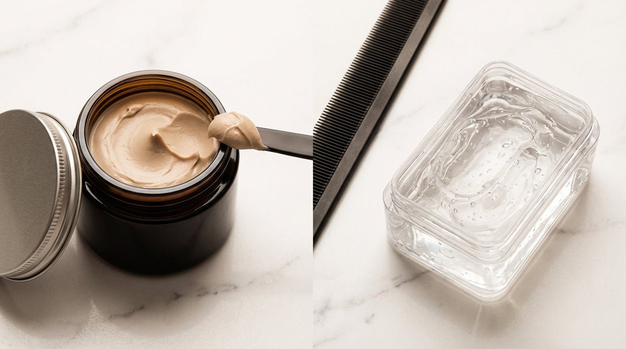 Pomade en gel naast elkaar op marmeren ondergrond