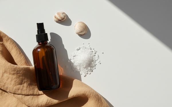 Donkere glazen flacon sea salt spray naast schelpen en grof zout op wit oppervlak, warm zand linnen accent
