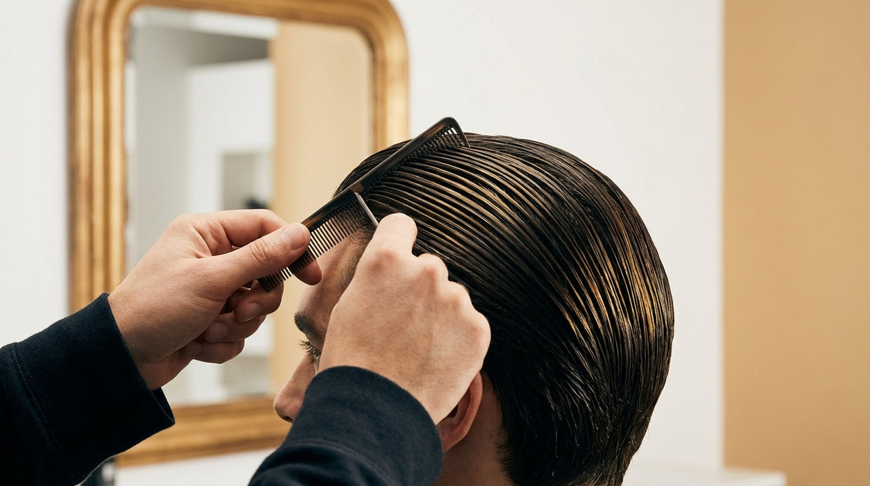Handen scheppen pomade voor slick back kapsel