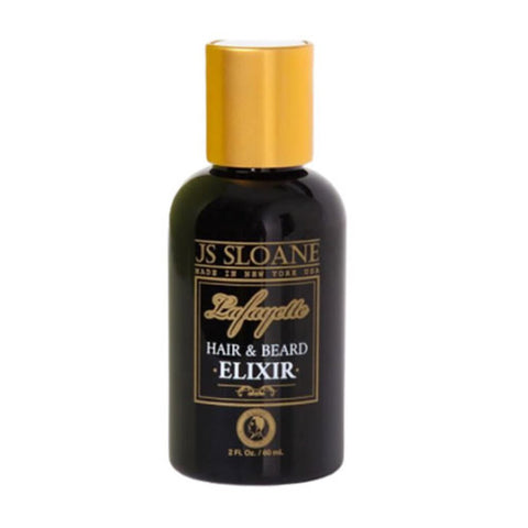 JS Sloane Hair & Beard Elixir - vooraanzicht zwart flesje met gouden dop