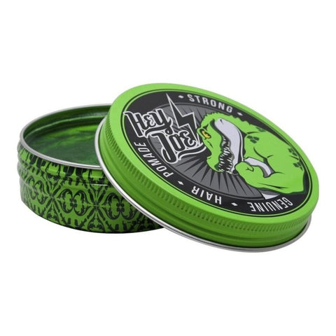 Hey Joe! Strong Pomade (Groen) - geopend groen blik met deksel en zichtbare inhoud
