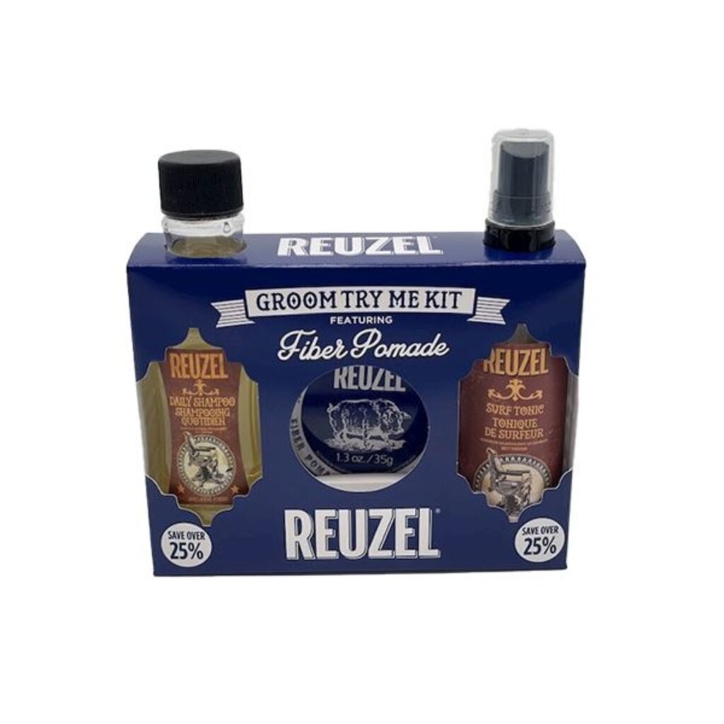 Reuzel Groom Try Me Kit Fiber, set forfra af emballageæske med shampoo, pomade og tonic
