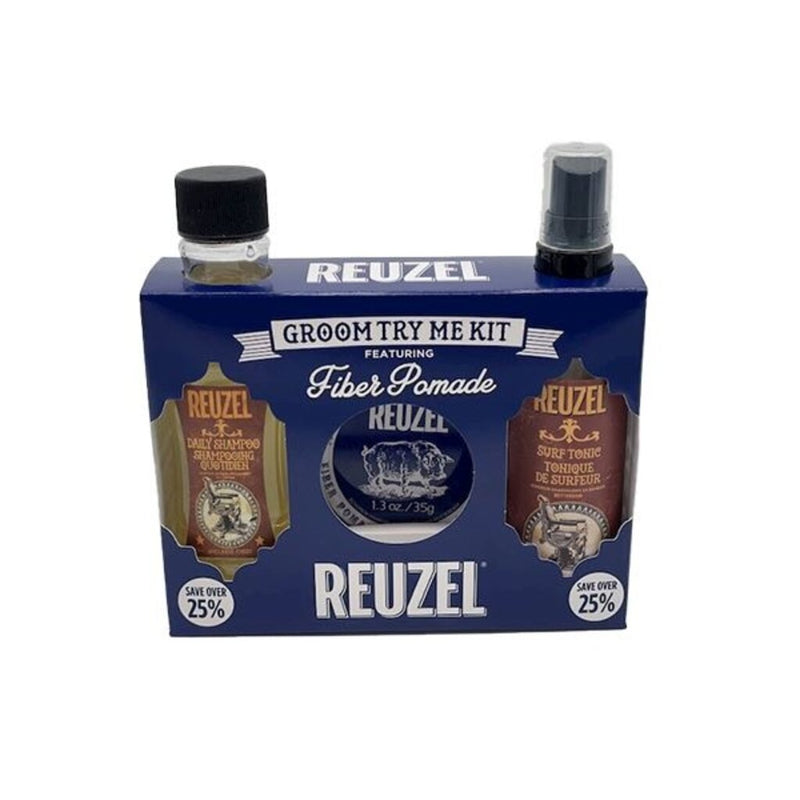 Reuzel Groom Try Me Kit Fiber - vooraanzicht verpakkingsdoos met shampoo, pomade en tonic
