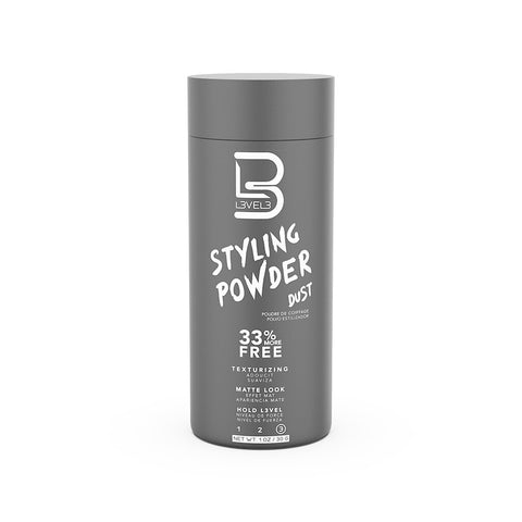Level3 Styling Powder - grijze strooibus vooraanzicht met etiket, witte studio