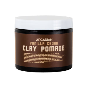 Arcadian Vanilla Cedar Clay Pomade, krukke med hvidt låg og brun etiket set forfra