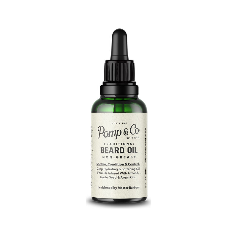 Pomp & Co. Beard Oil - vooraanzicht groen glazen flesje met pipet en etiket