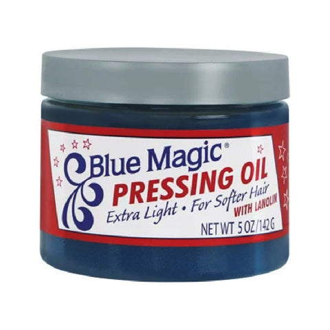 Blue Magic Pressing Oil Extra Light - mørkeblå bøtte med rød-hvid etiket