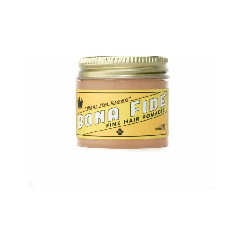 Bona Fide Fiber Pomade - krukke med skruelåg og gul Fine Hair Pomades etiket