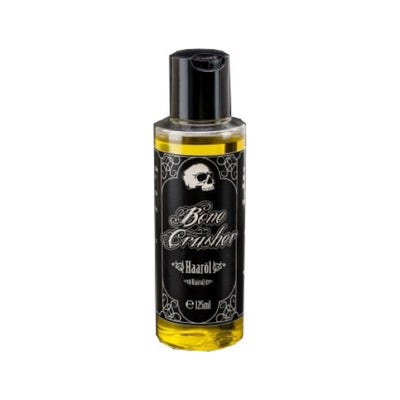 Bone Crusher Haarolie - vooraanzicht 125ml fles met schedellabel en gele olie