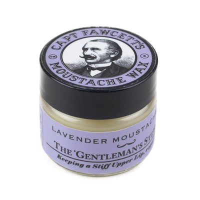 Captain Fawcett's Moustache Wax Lavender - gesloten potje met paars etiket en snorman-logo