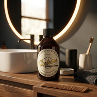 Corleone Cleaning Stuff 3-in-1 - fles op houten kaptafel met kam en potjes