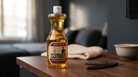 Ed. Pinaud Aftershave Barbersize 473ml - fles op tafel naast opengeklapt scheermes