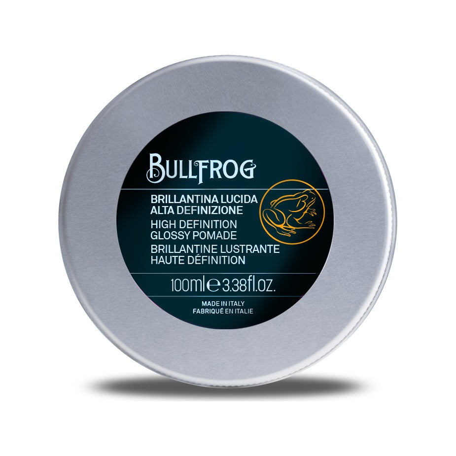 Bullfrog High Definition Glossy Pomade - metaldåse set ovenfra med mørk etiket