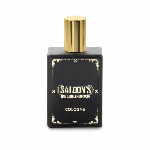 Saloon's Cologne - zwarte fles met gouden dop en sierrand, vooraanzicht