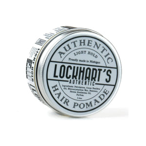 Lockhart's Light Hold Pomade - liggende dåse med lågetiket og ingrediensliste