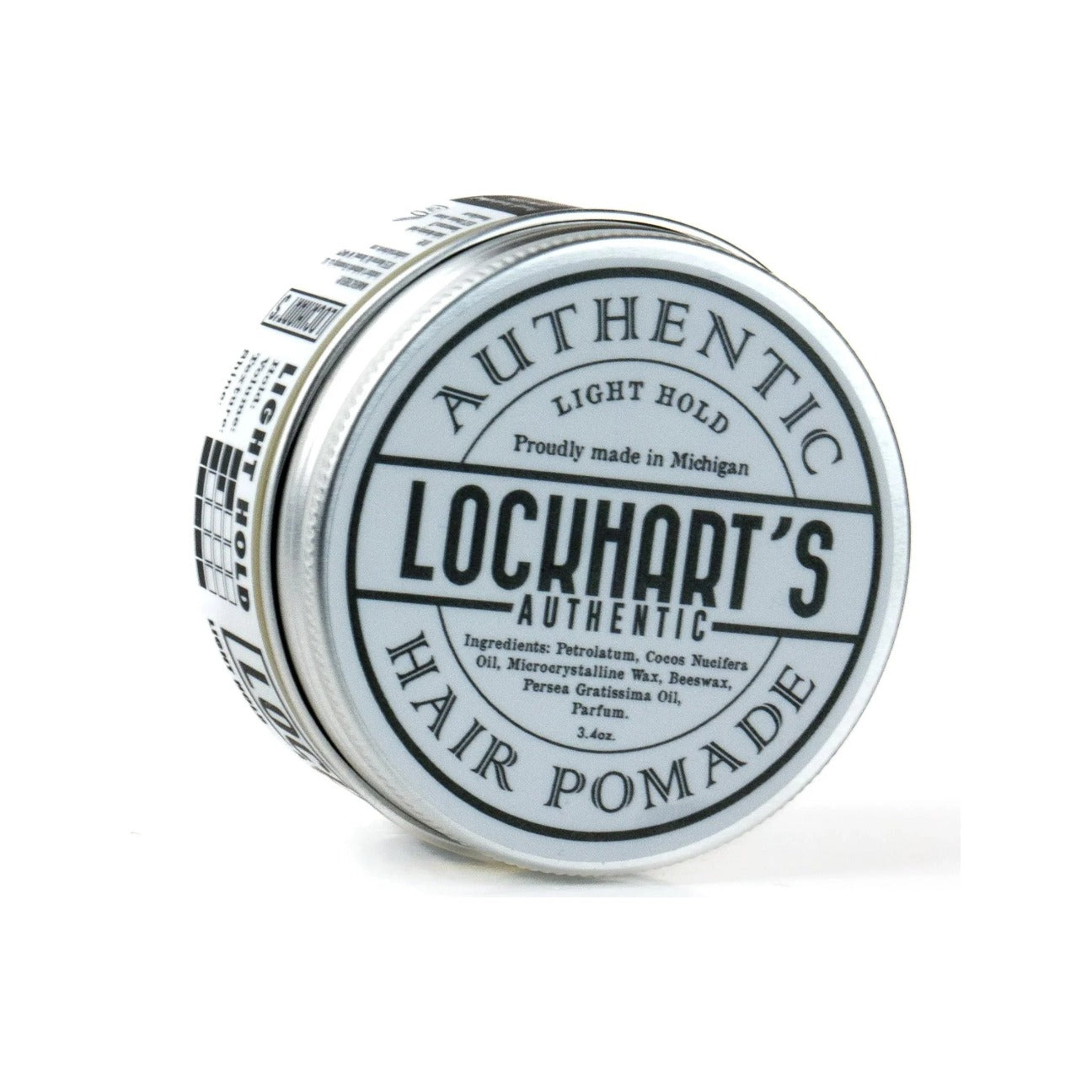Lockhart's Light Hold Pomade - liggende dåse med lågetiket og ingrediensliste