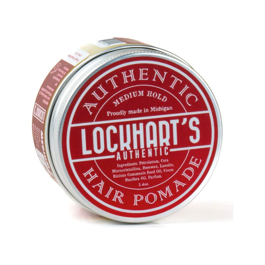 Lockhart's Medium Hold Pomade - sølvfarvet dåse med rød etiket, skråt set