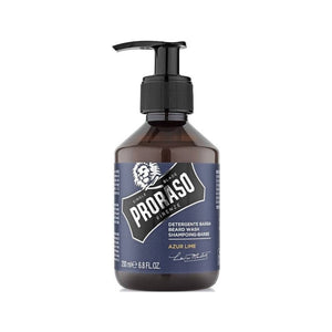 Proraso Skægshampoo Azur Lime - frontbillede af brun pumpeflaske med blå etiket