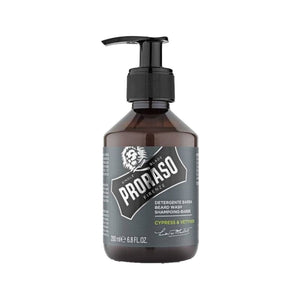 Proraso Skægshampoo Cypress & Vetyver - frontbillede af brun pumpeflaske med grå etiket
