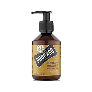 Proraso Skægshampoo Wood And Spice - frontbillede af brun pumpeflaske med gul etiket