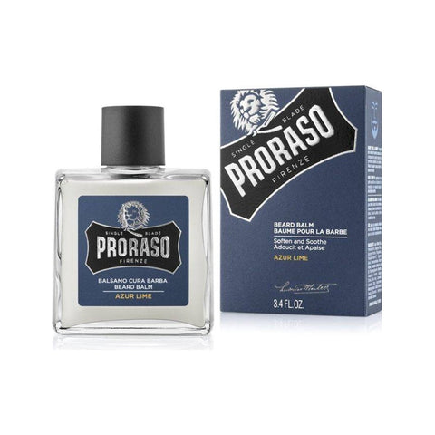 Proraso Beard Balm Azur Lime - glazen flacon naast blauwe verpakkingsdoos