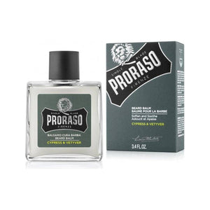Proraso Beard Balm Cypress & Vetyver - glasflaske ved siden af grå emballageæske