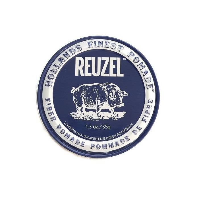 Reuzel Fiber Pomade - bovenkant klein donkerblauw travelblik 35g