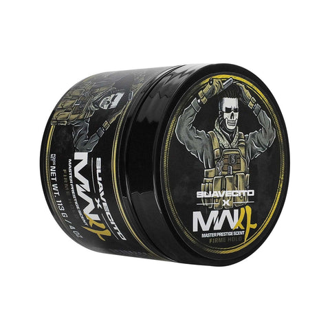 Suavecito Call of Duty Firme Hold Pomade 113 g - zwarte pot met geel artwork, schuin vooraanzicht