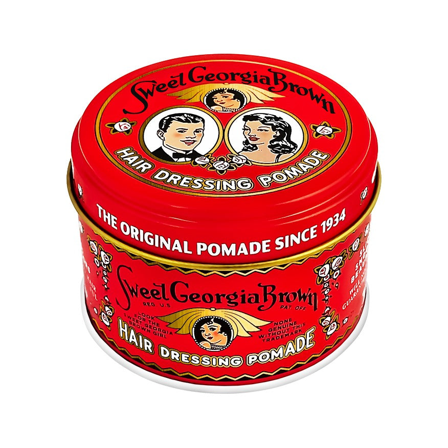 Sweet Georgia Brown Hair Pomade Red - rød dåse med vintage print, skråt set fra oven