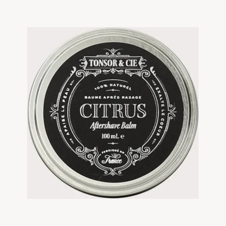 Tonsor & Cie Aftershave Balm Citrus - bovenaanzicht gesloten blik met zwart etiket, 100 mL