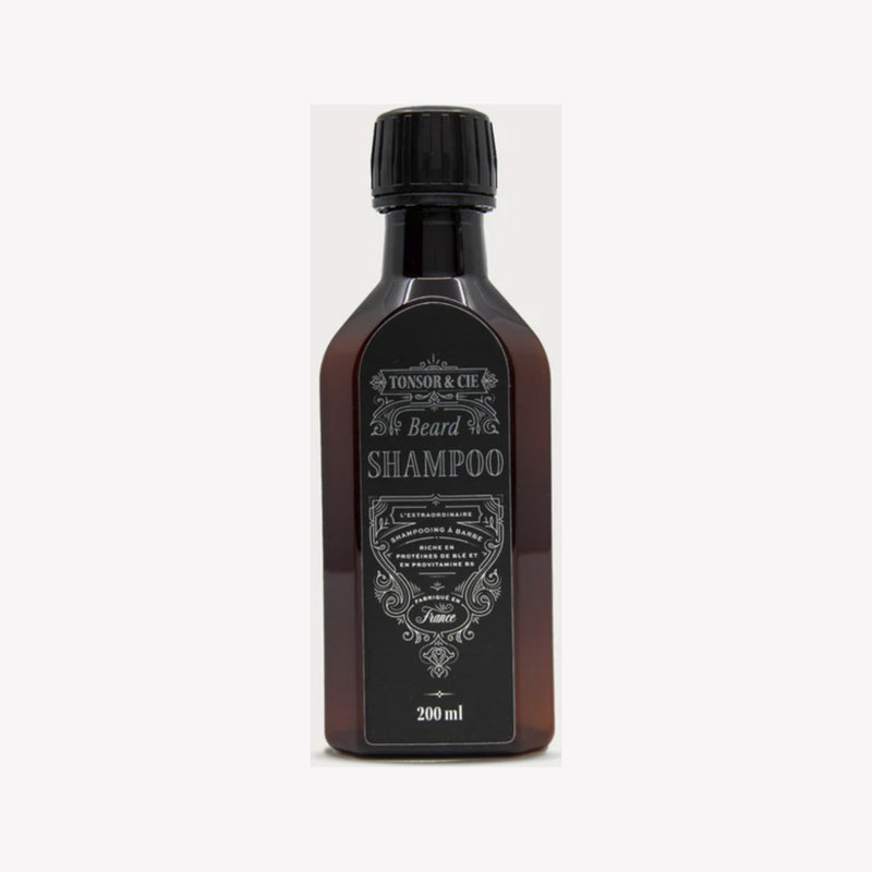 Tonsor & Cie Baardshampoo - vooraanzicht amberkleurige fles met zwart etiket, 200 ml