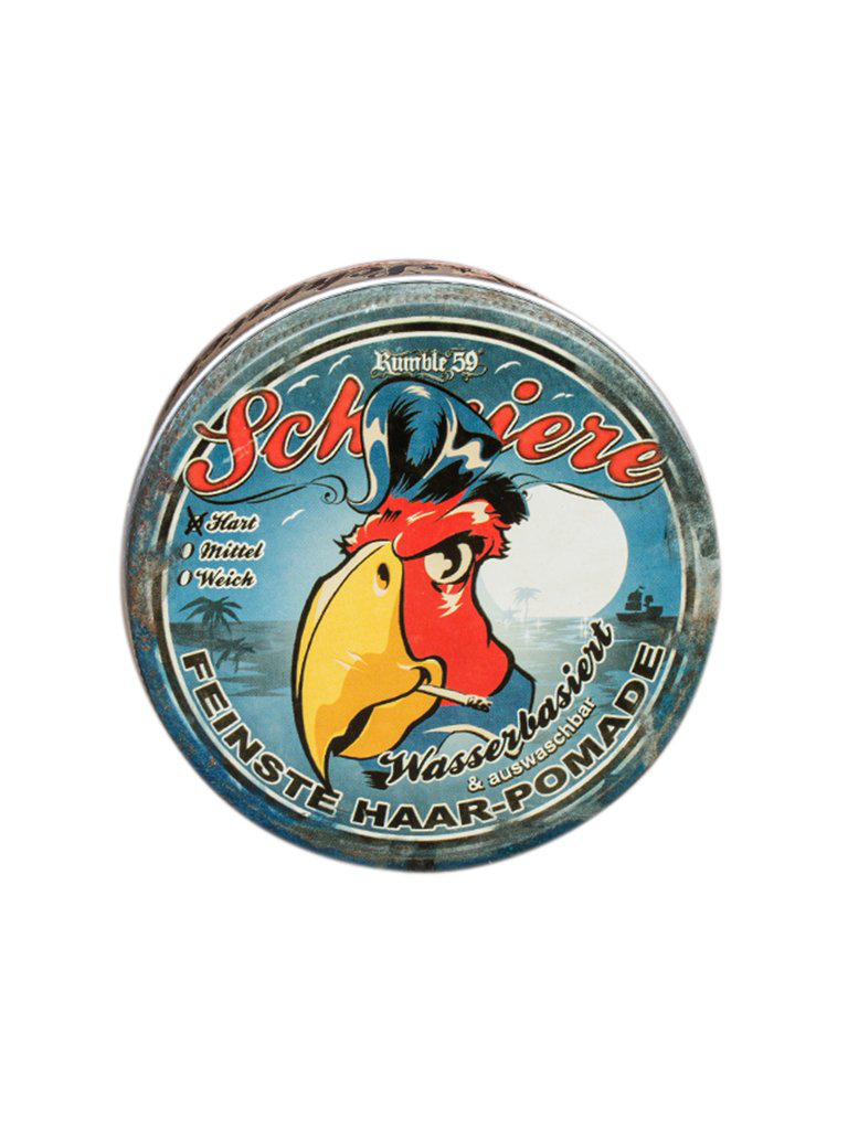 Schmiere Heavy Waterbased Pomade - dåse med papegøjeillustration på låget